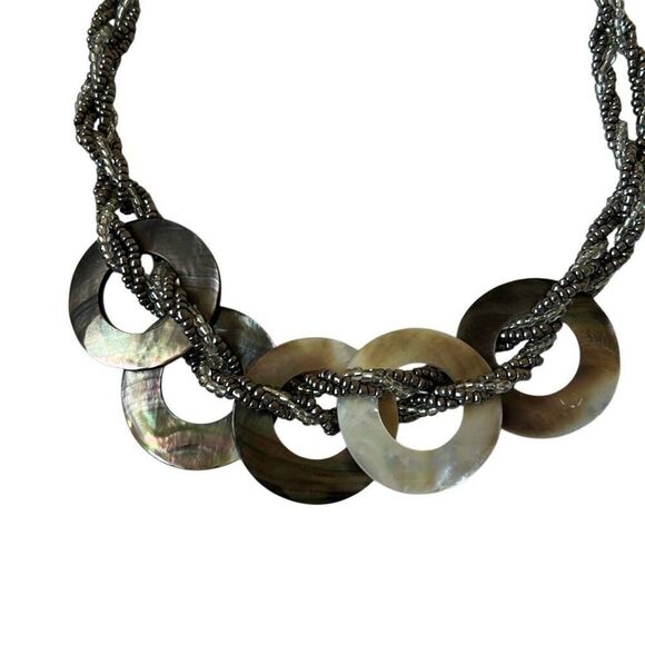 Abalone Shell Disk Braided Silver and Clear Beaded  Adjustable Length Necklace Y - Picture 4 of 8